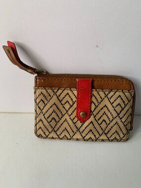 FOSSIL BRAND LADIES BLACK BROWN CREAM RED SMALL ZIPPED LEATHER WALLET